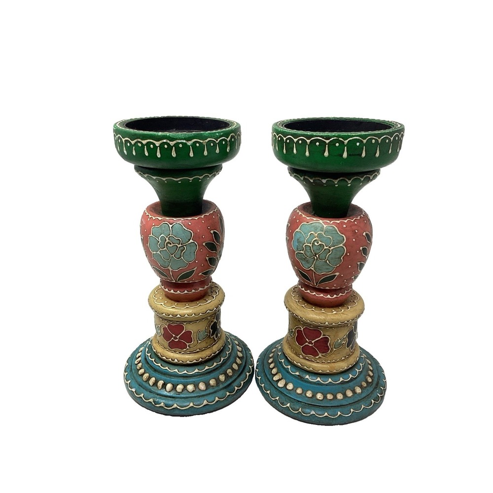 World Market 10" Colorful Boho Handpainted Wood Candlesticks Set Of (2)